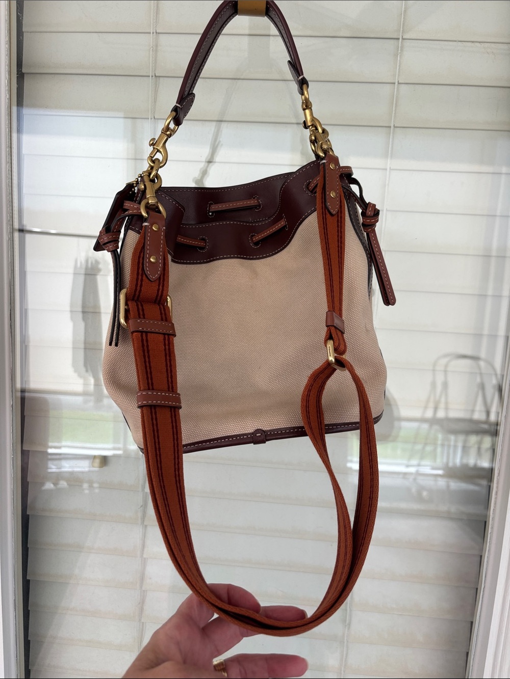 Coach Beige Canvas and Brown Leather Bucket Shoulder Bag w/crossbody strap - Picture 10 of 14